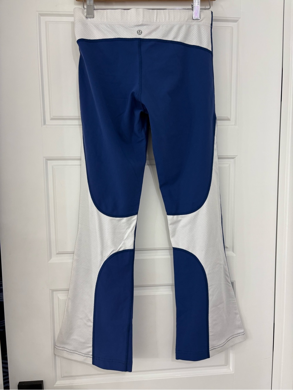 lululemon athletica Blue and White vintage groove jersey mesh flare pants